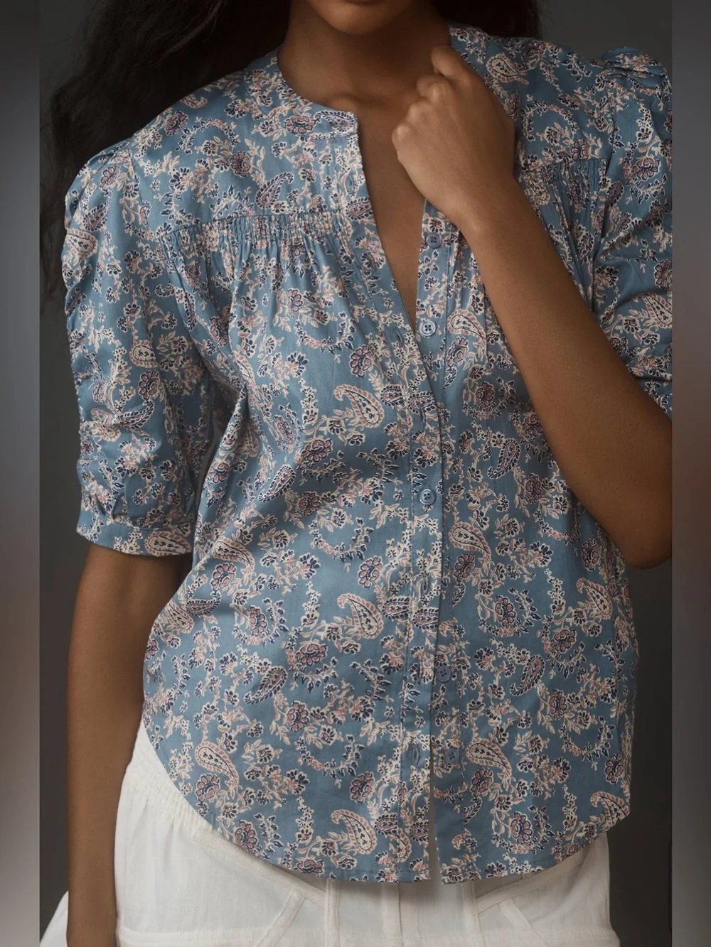 Anthropologie Bishop + Young Rachel Paisley Cotton Blouse Ruched Sleeve Medium - Picture 4 of 9